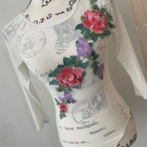 SHEER BODYSUIT EMBROIDERED FLORAL SZ S 3/4 SLEEVE PREPPY SEXY CHIC AESTHETIC - Picture 9 of 16